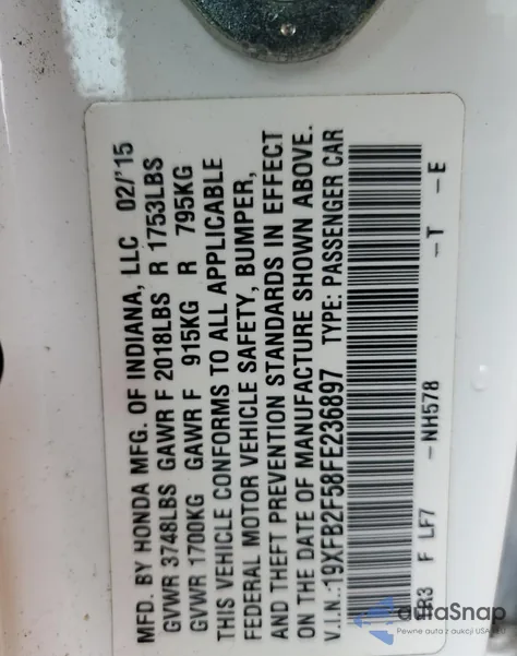 2015 Honda Civic Lx из США, поврежденный, VIN 19XFB2F58FE236897